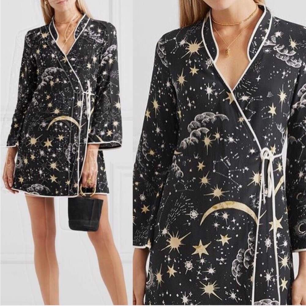RIXO Black Celestial Star & Moon Wrap Mini Dress